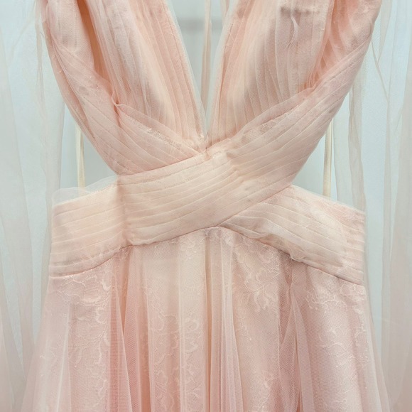Mac Duggal NEW Tulle Sheer Long Sleeve Cut Out Lace Up A-line Gown Blush Size 6 - Picture 4 of 16